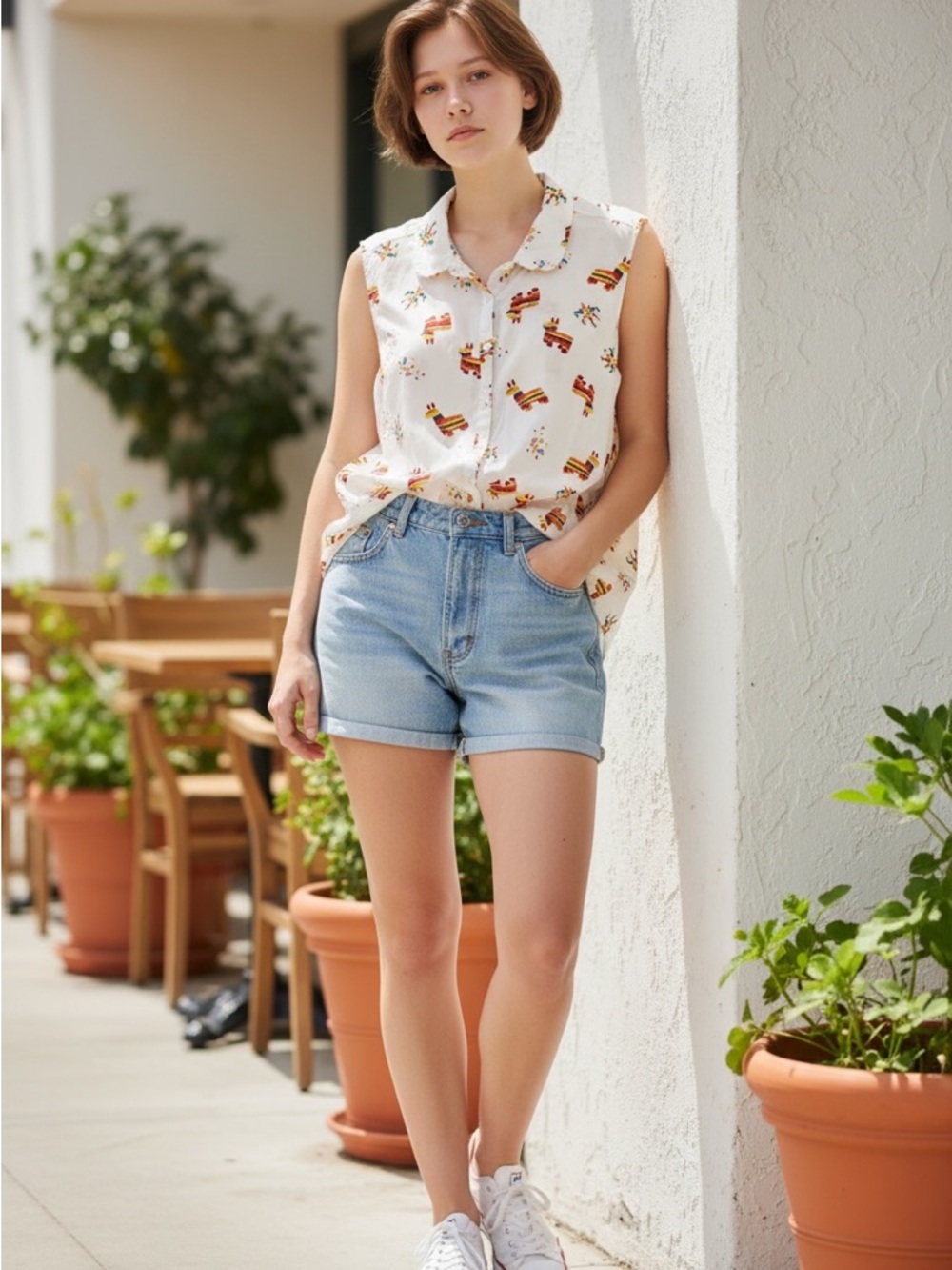 Modcloth Cream Sleeveless Button-Up Top with Colorful Pinata Print XL Novelty